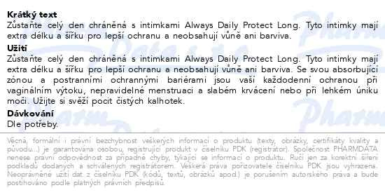 Příbalový leták - Always Intimky Daily Protect Long 0% fragrance 48ks