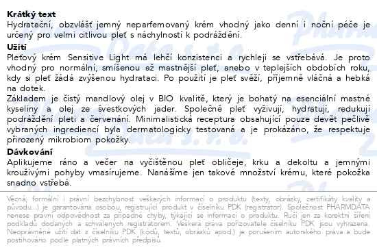 Příbalový leták - WELEDA Sensitive Light Zklidňující pleťový krém 30ml