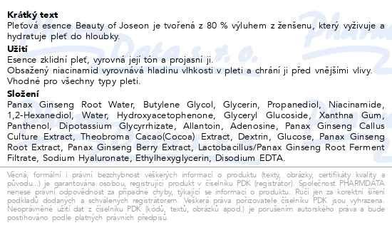 Příbalový leták - Beauty of Joseon Ginseng zklidňující esence 150ml