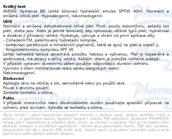 Příbalový leták - AVENE Hydrance BB Lehká hydr.tón.emulze SPF30 40ml
