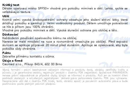 Příbalový leták - BABÉ Dítě - Mléko na opalování SPF 50+ 100 ml