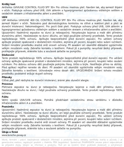 Příbalový leták - LA ROCHE-POSAY Anthelios UVMUNE 400 OIL CONTROL FLUID SPF 50+ 50ml pro citlivou mastnou pleť