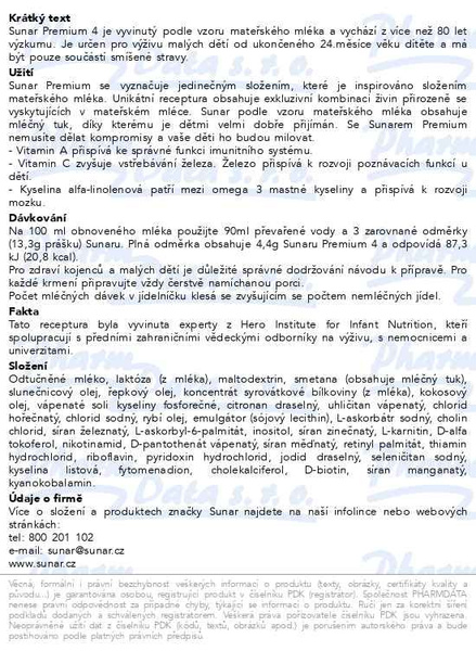 Příbalový leták - Sunar Premium 4,  batolecí mléko