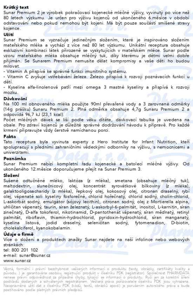 Příbalový leták - Sunar Premium 2,  pokračovací kojenecké mléko