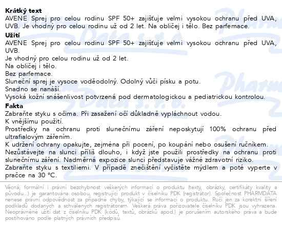 Příbalový leták - AVENE Sprej pro celou rodinu SPF50+ 400ml
