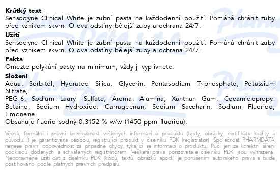 Příbalový leták - Sensodyne Clinical White zubní pasta 75ml