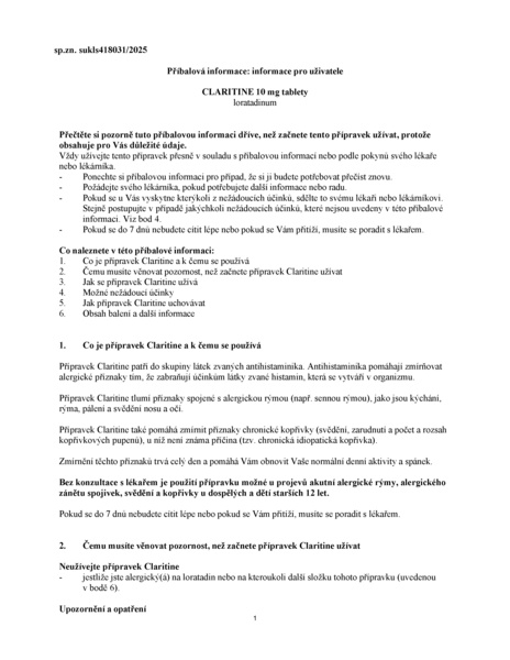 Příbalový leták (SUKL) - Claritine 10mg, 30 tablet