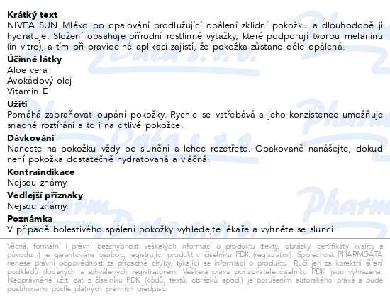 Příbalový leták - NIVEA SUN Mléko po opalování prodlužující opálení 200ml
