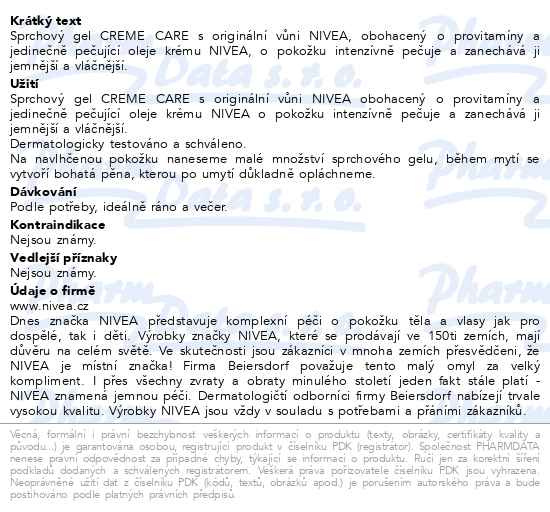 Příbalový leták - NIVEA Pečující sprchový gel Creme Care 500 ml 500ml