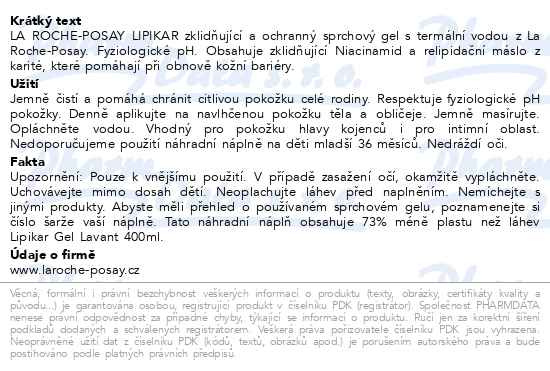 Příbalový leták - LA ROCHE-POSAY LIPIKAR Sprchový gel náplň 400ml