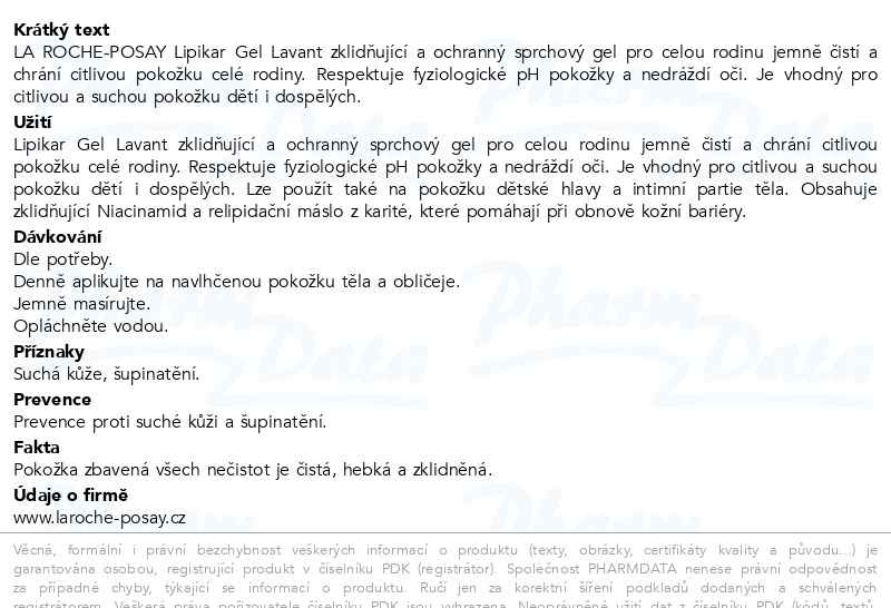 Příbalový leták - LA ROCHE-POSAY Lipikar Gel Lavant zklidňující a ochranný sprchový gel pro celou rodinu. 1L
