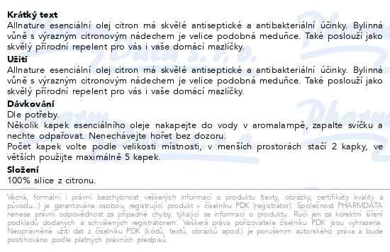 Příbalový leták - Allnature Esenciální olej Citron 10ml