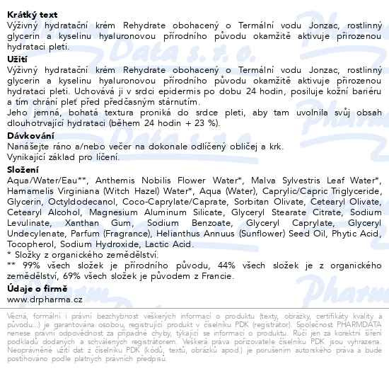 Příbalový leták - JONZAC REHYDRATE Výživný hydratační krém BIO 50ml