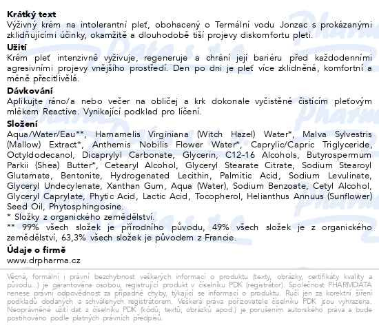 Příbalový leták - JONZAC REACTIVE Výživný krém pro intolerantní pleť BIO 40ml
