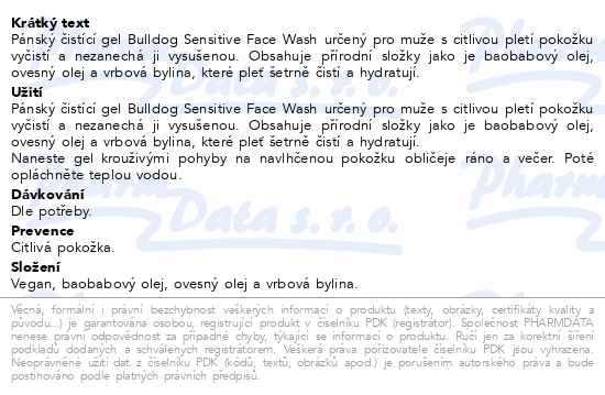 Příbalový leták - BULLDOG Sensitive Face Wash Čistící gel 150ml