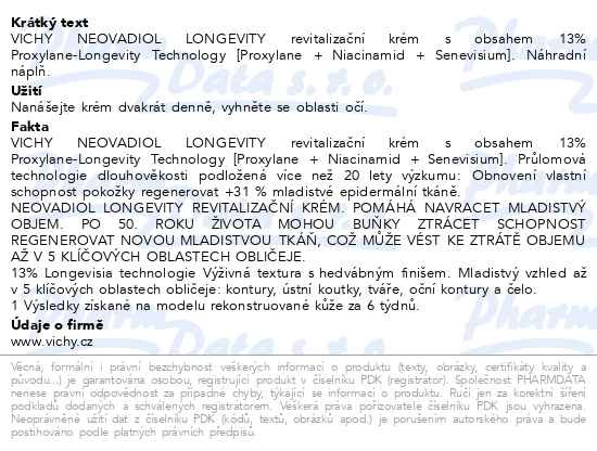 Příbalový leták - VICHY NEOVADIOL Longevity revitalizační krém náhradní náplň 50ml