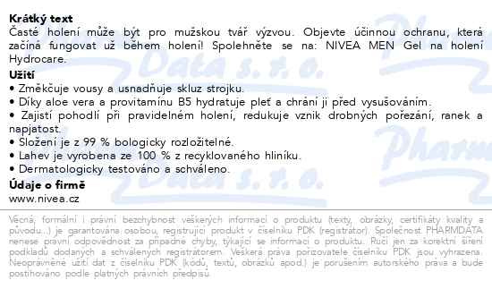 Příbalový leták - NIVEA MEN Hydrocare pěna na holení 200ml