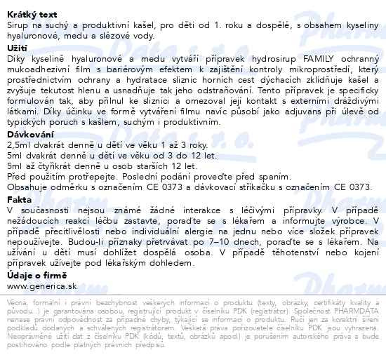 Příbalový leták - hydrosirup FAMILY 150ml Generica