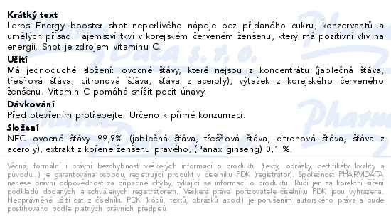 Příbalový leták - LEROS Energy Booster ženšen pravý 100ml
