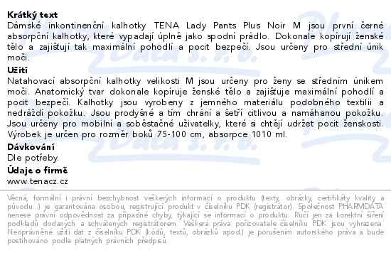 Příbalový leták - TENA Lady Pants Plus Noir M inkontinenční kalhotky 9ks