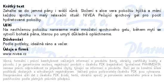 Příbalový leták - NIVEA Pečující sprchový gel Creme Aloe 250ml
