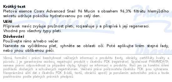Příbalový leták - COSRX Advanced Snail 96 pleťová esence 100ml
