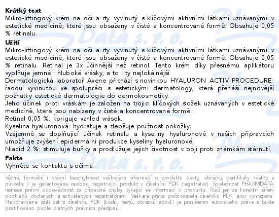 Příbalový leták - AVENE Hyal.Activ PROCED.Mikro-Lift oči a rty 15ml