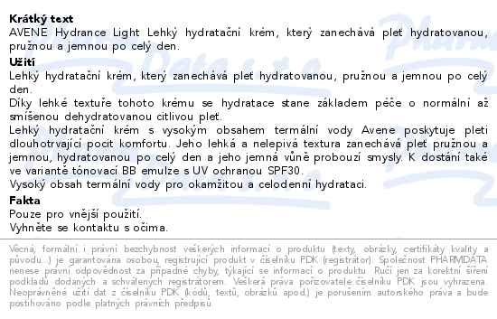 Příbalový leták - AVENE Hydrance Lehký hydratační krém 40ml