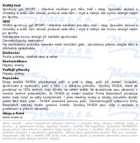 Příbalový leták - NIVEA MEN Sprchový gel pro muže 3 v 1 Sport 250ml
