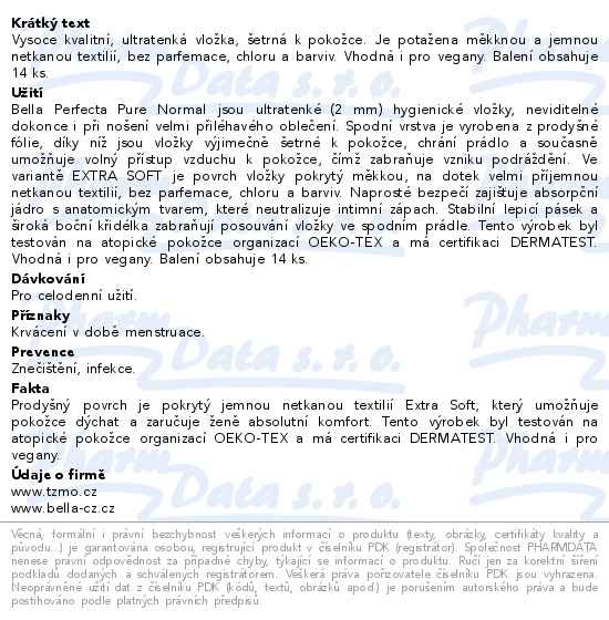 Příbalový leták - Bella Perfecta pure hygienické vložky night 14ks
