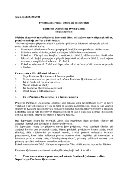 Příbalový leták (SUKL) - Panthenol Quintesence 100mg tbl.nob.20