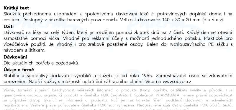 Příbalový leták - Dávkovač léků OBZOR typ 07 týdenní světle zelený