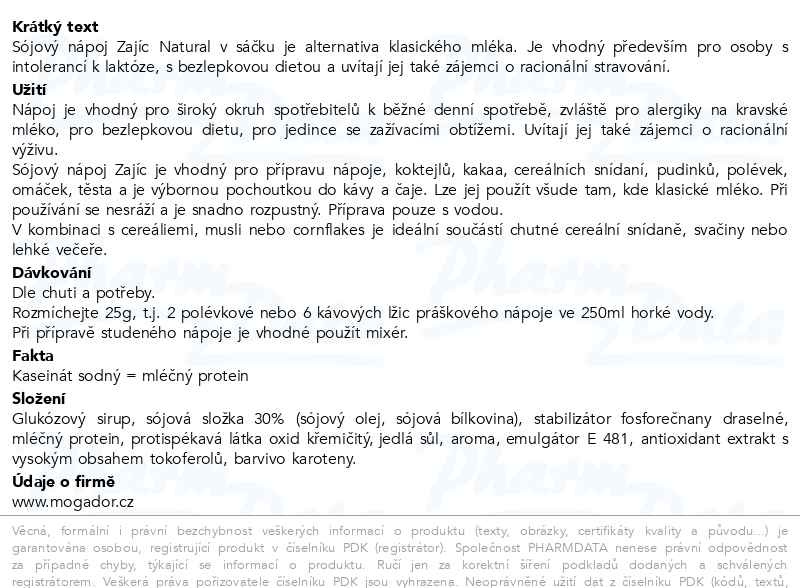 Příbalový leták - Sójový nápoj Zajíc natural 400g sáček