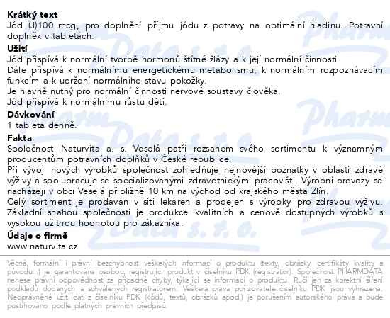 Příbalový leták - NATURVITA Jodikal tbl.80x100RG (Jod)