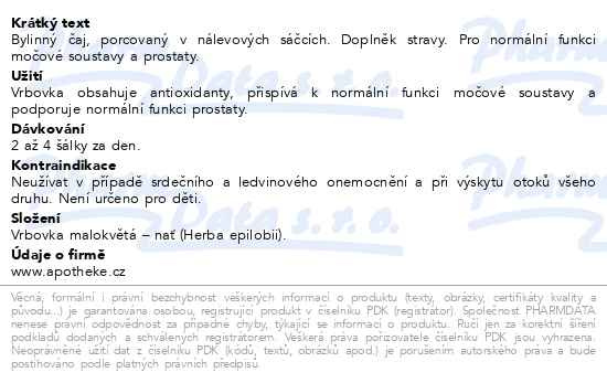 Příbalový leták - Apotheke Vrbovka malokvětá čaj 20x1.5g