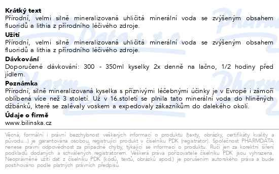 Příbalový leták - Bílinská kyselka 1l