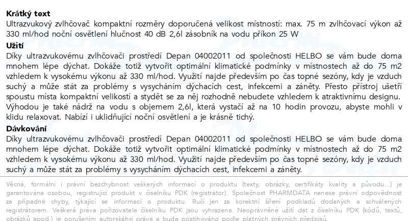 Příbalový leták - DEPAN Ultrazvukový zvlhčovač vzduchu Model04002011