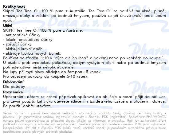 Příbalový leták - Skippi Tea Tree Oil 100% pure 30ml