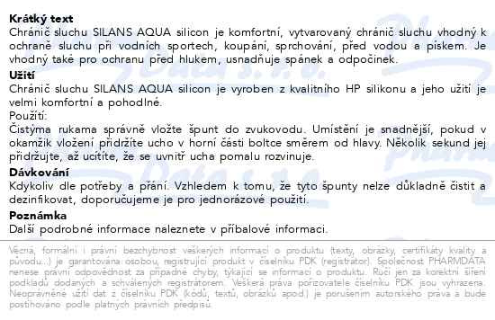 Příbalový leták - Silans hp silicon chránič sluchu AQUA 1pár