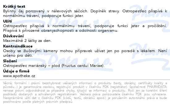 Příbalový leták - Apotheke Ostropestřec mariánský čaj 20x2g