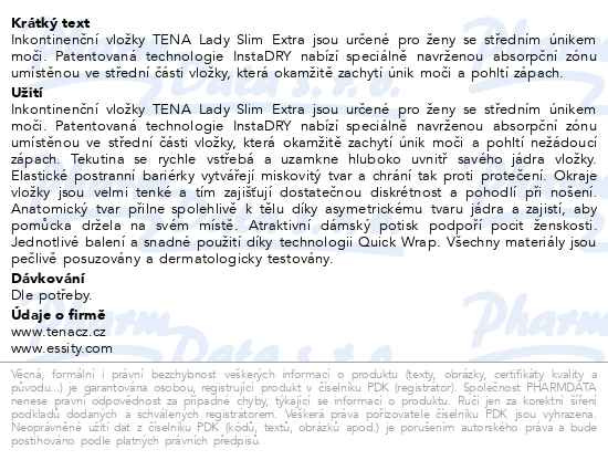 Příbalový leták - TENA Lady Slim Extra +50% ink.vložky 30ks 211513