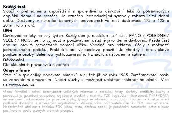 Příbalový leták - Dávkovač léků OBZOR typ 04 týdenní duhový