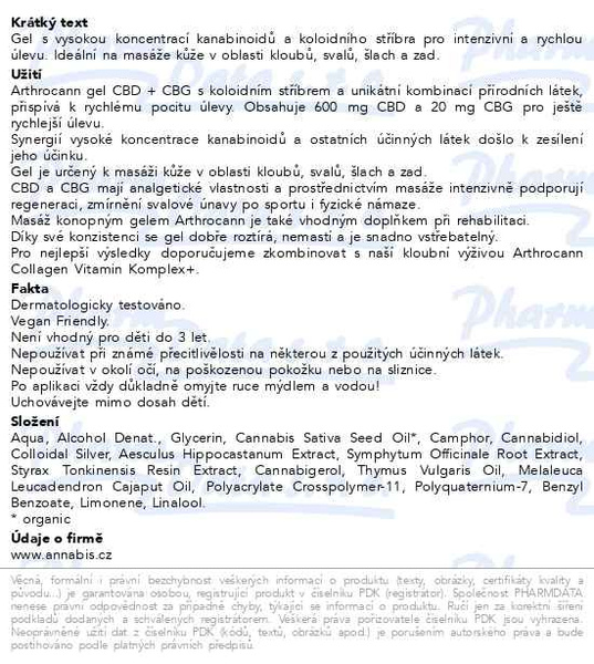 Příbalový leták - Annabis Arthrocann gel klouby svaly CBD+CBG 75ml