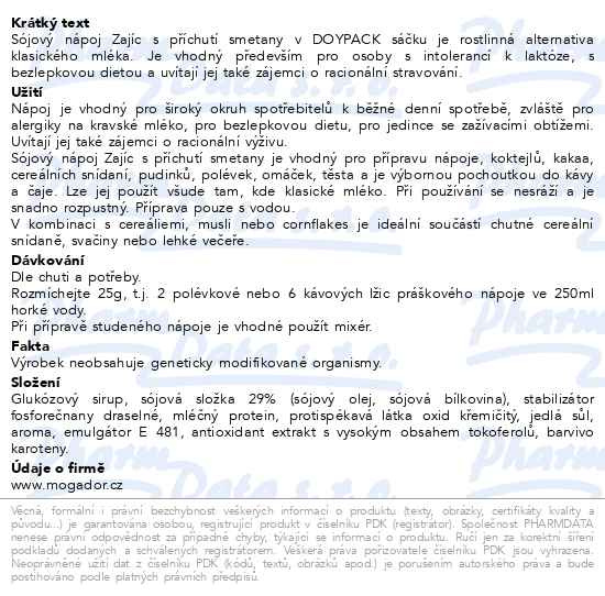Příbalový leták - Sójový nápoj Zajíc s příchutí smetany 400g sáček