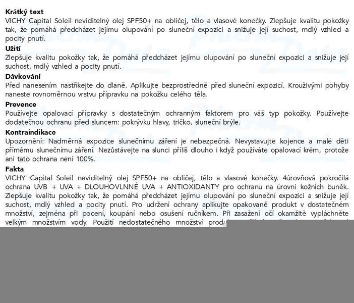 Příbalový leták - VICHY CAPITAL SOLEIL Neviditelný olej SPF50+ 200ml