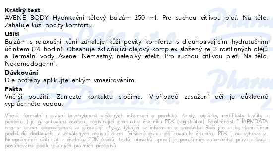 Příbalový leták - AVENE Body Hydratační tělový balzám 250ml