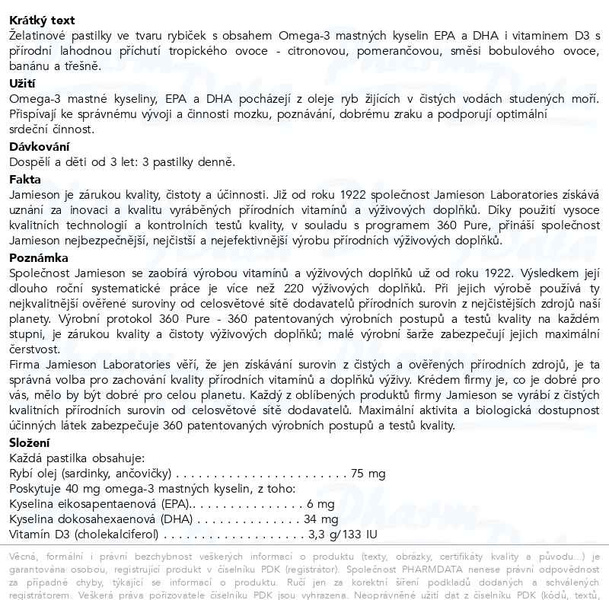 Příbalový leták - JAMIESON Omega-3 Kids Gummies žvýkací pektinové pastilky pro děti 60 pas.