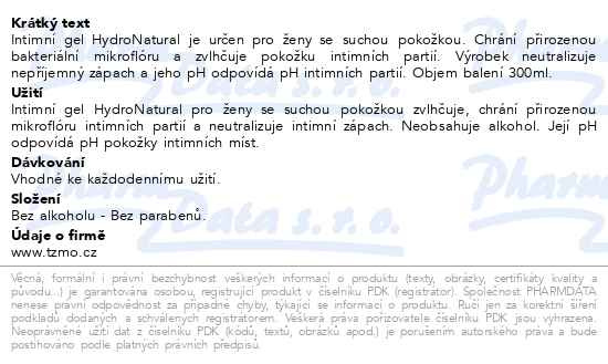 Příbalový leták - Bella HydroNatural intimní gel 300ml