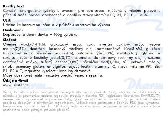 Příbalový leták - ISOSTAR Energy sport bar tyčinka multifruit 40g