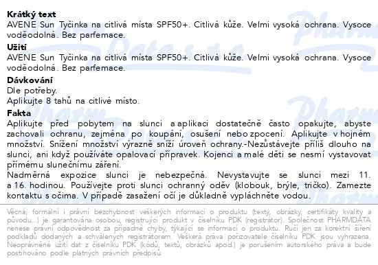 Příbalový leták - AVENE Sun Tyčinka na citlivá místa SPF50+ 8g